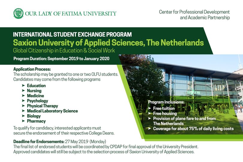 The Netherlands’ Saxion University of Applied Sciences offers Student Exchange Program Scholarship to OLFU Students                 