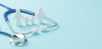 Top view of medical stethoscope and icon family on cyan background. Health care insurance concept. 3d rendering